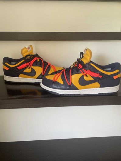 Off-White × Nike Dunk Low LTHR "University Gold/Midnight Navy/White"