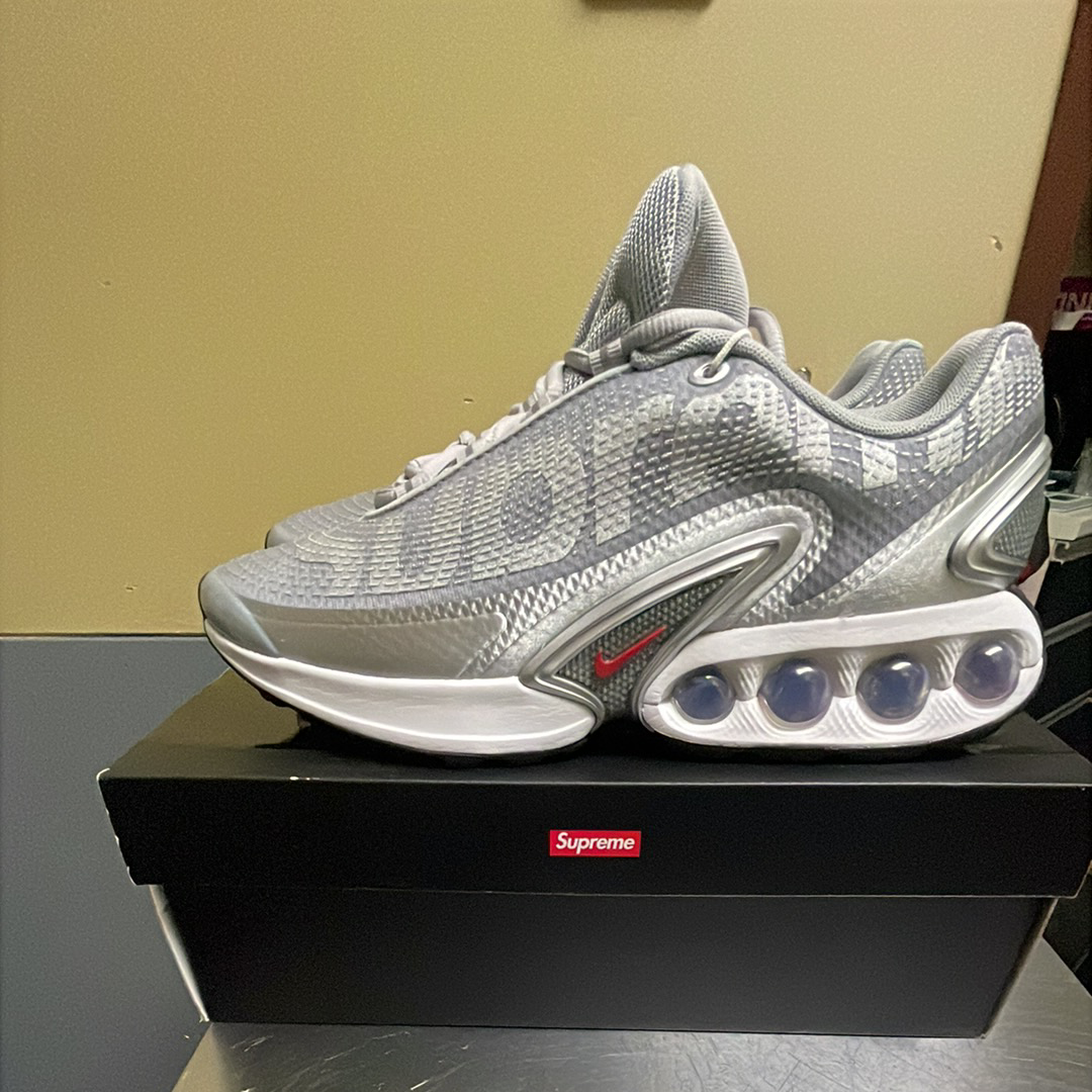 Supreme × Nike Air Max DN "Metallic Silver/University Red/White"