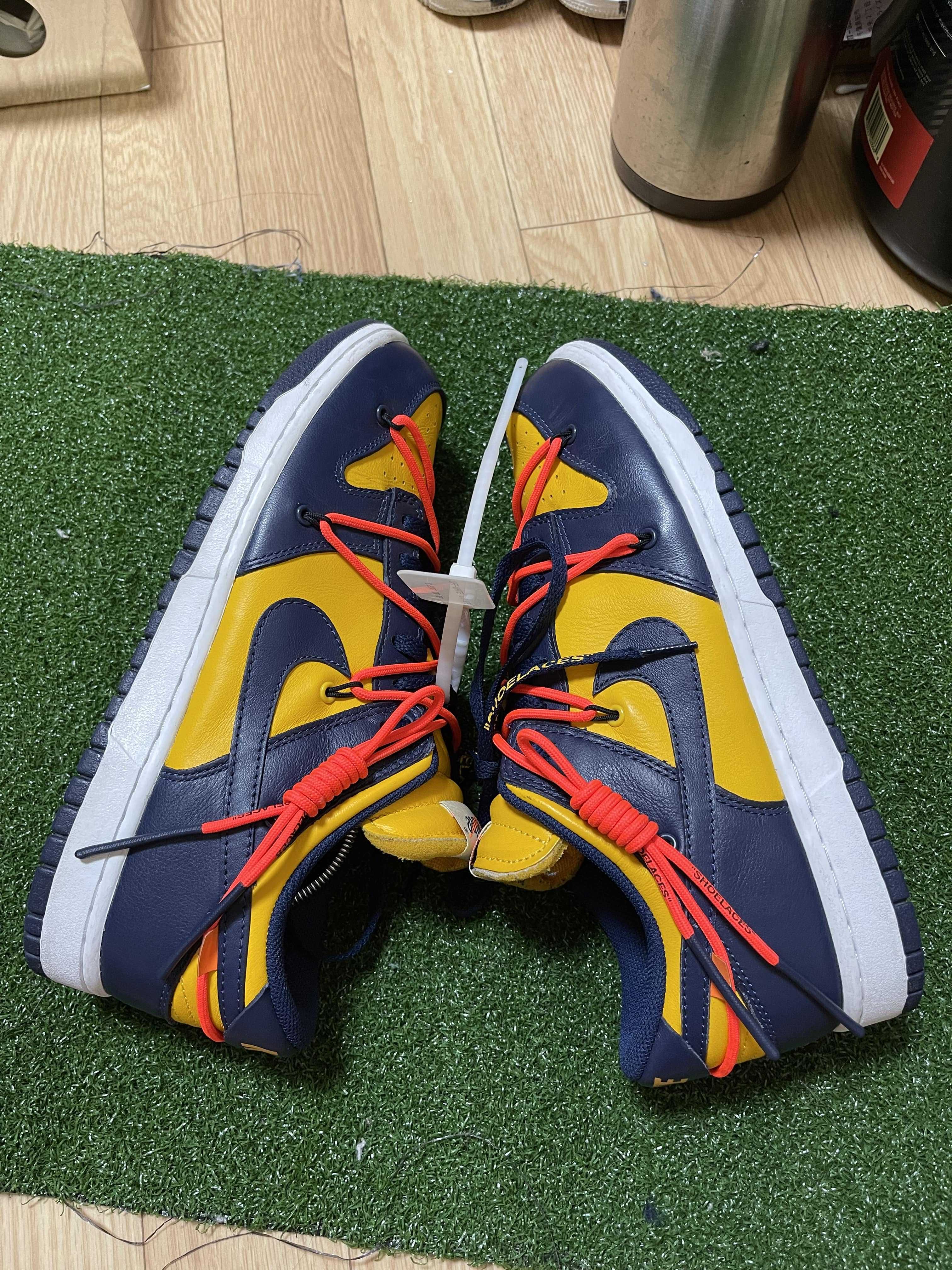 Off-White × Nike Dunk Low  LTHR "University Gold/Midnight Navy/White"