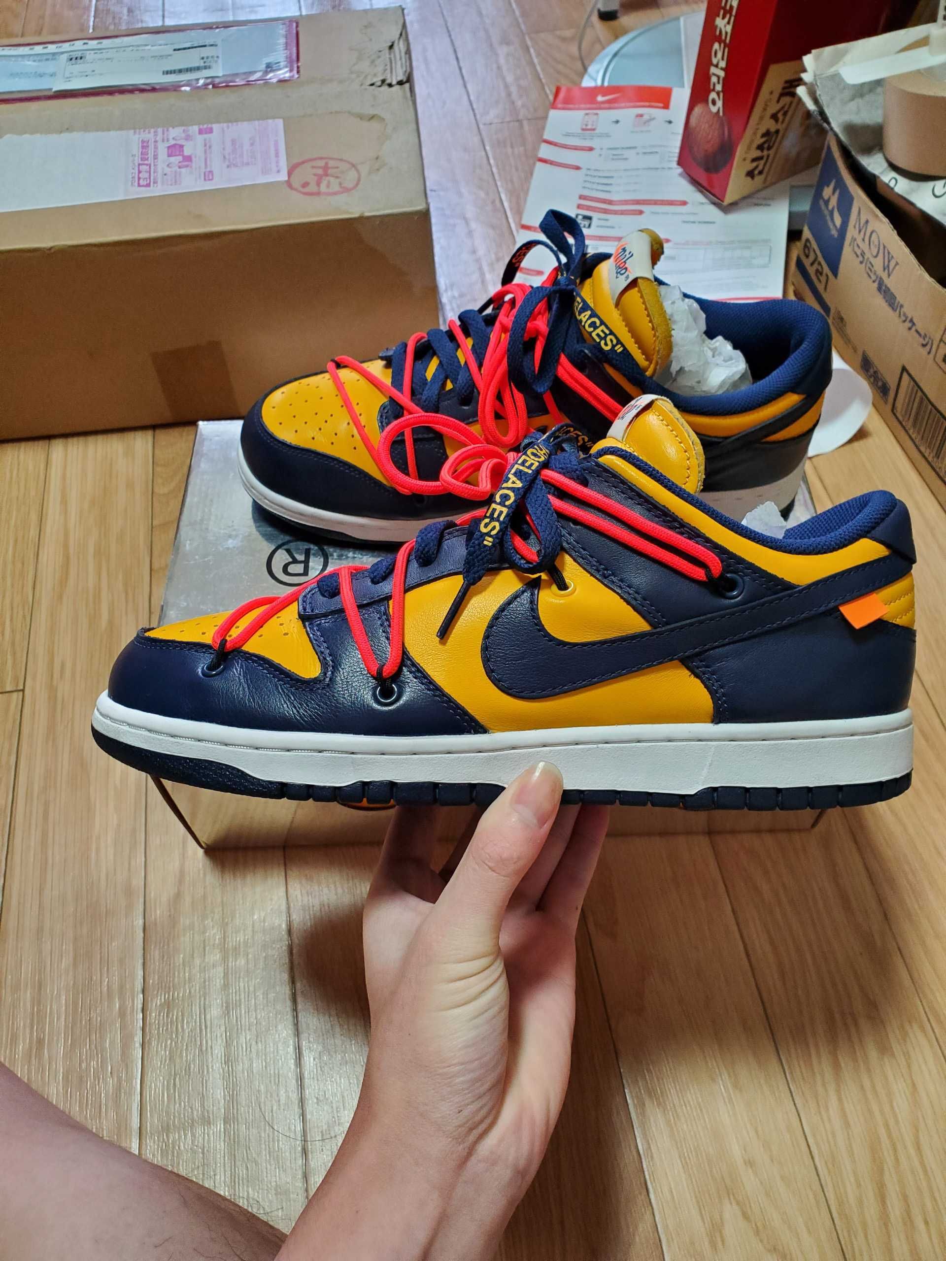 Off-White × Nike Dunk Low  LTHR "University Gold/Midnight Navy/White"