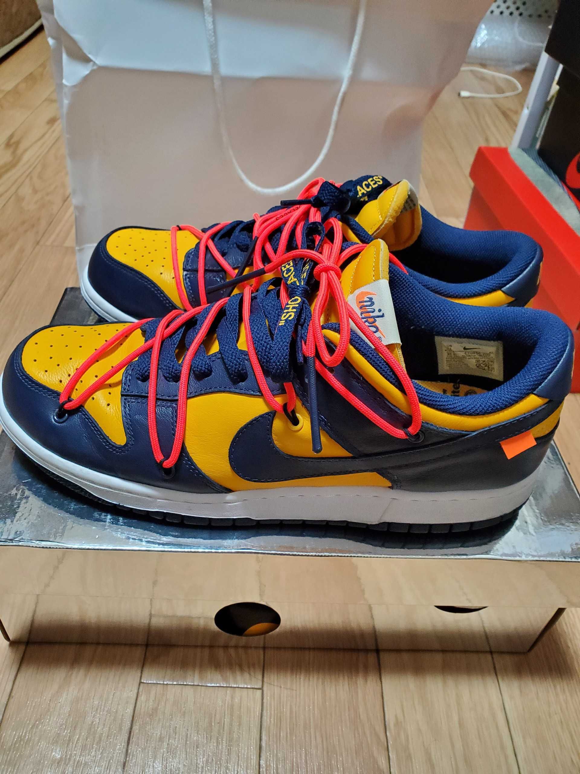 Off-White × Nike Dunk Low LTHR "University Gold/Midnight Navy/White"