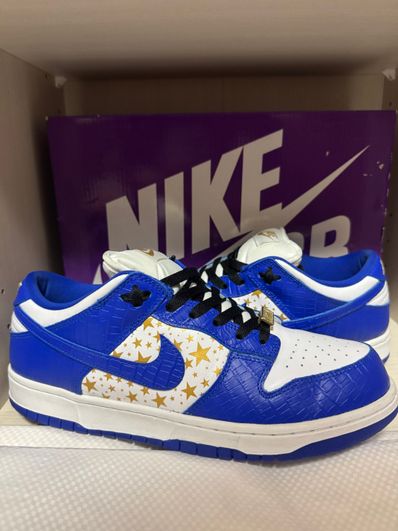 Supreme × Nike SB Dunk Low OG QS Gold Stars "White/Hyper Blue"