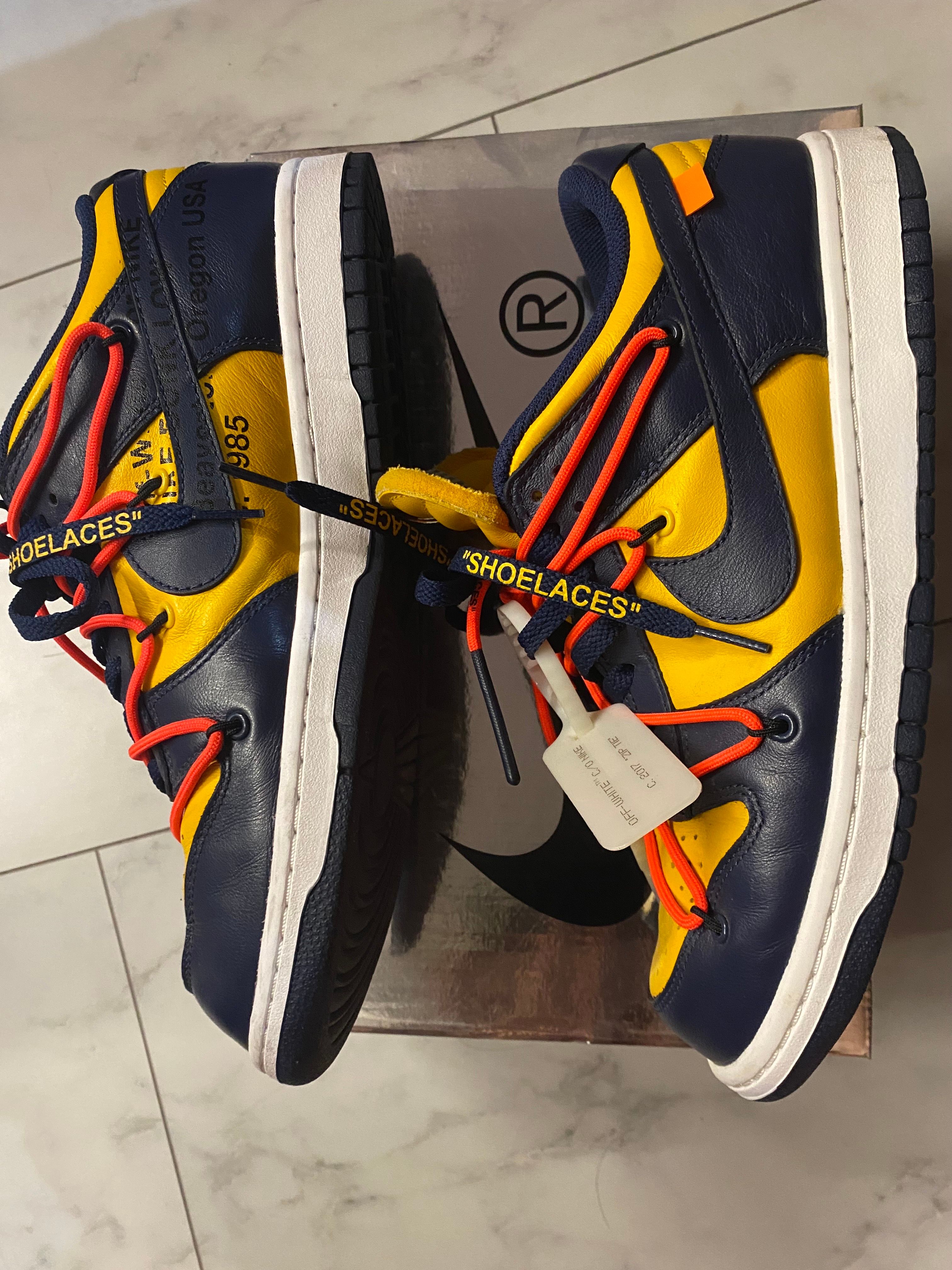 Off-White × Nike Dunk Low LTHR "University Gold/Midnight Navy/White"