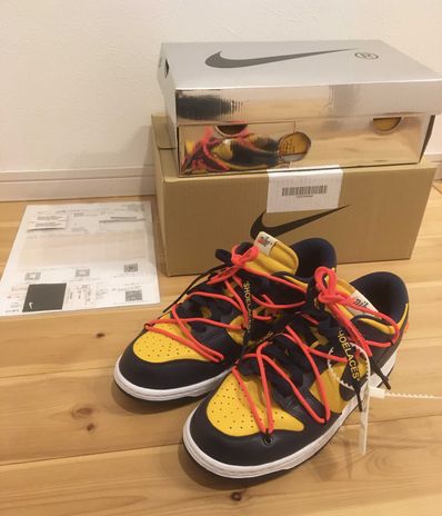 Off-White × Nike Dunk Low LTHR "University Gold/Midnight Navy/White"