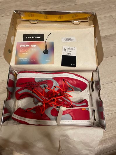 Off-White × Nike Dunk Low "University Red/Wolf Grey"