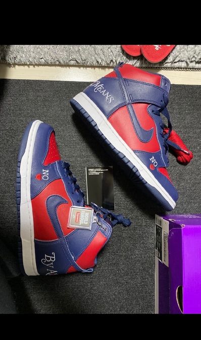 Supreme × Nike SB Dunk High By Any Means "Red/Navy-White"