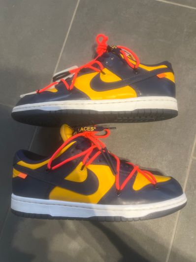 Off-White × Nike Dunk Low LTHR "University Gold/Midnight Navy/White"