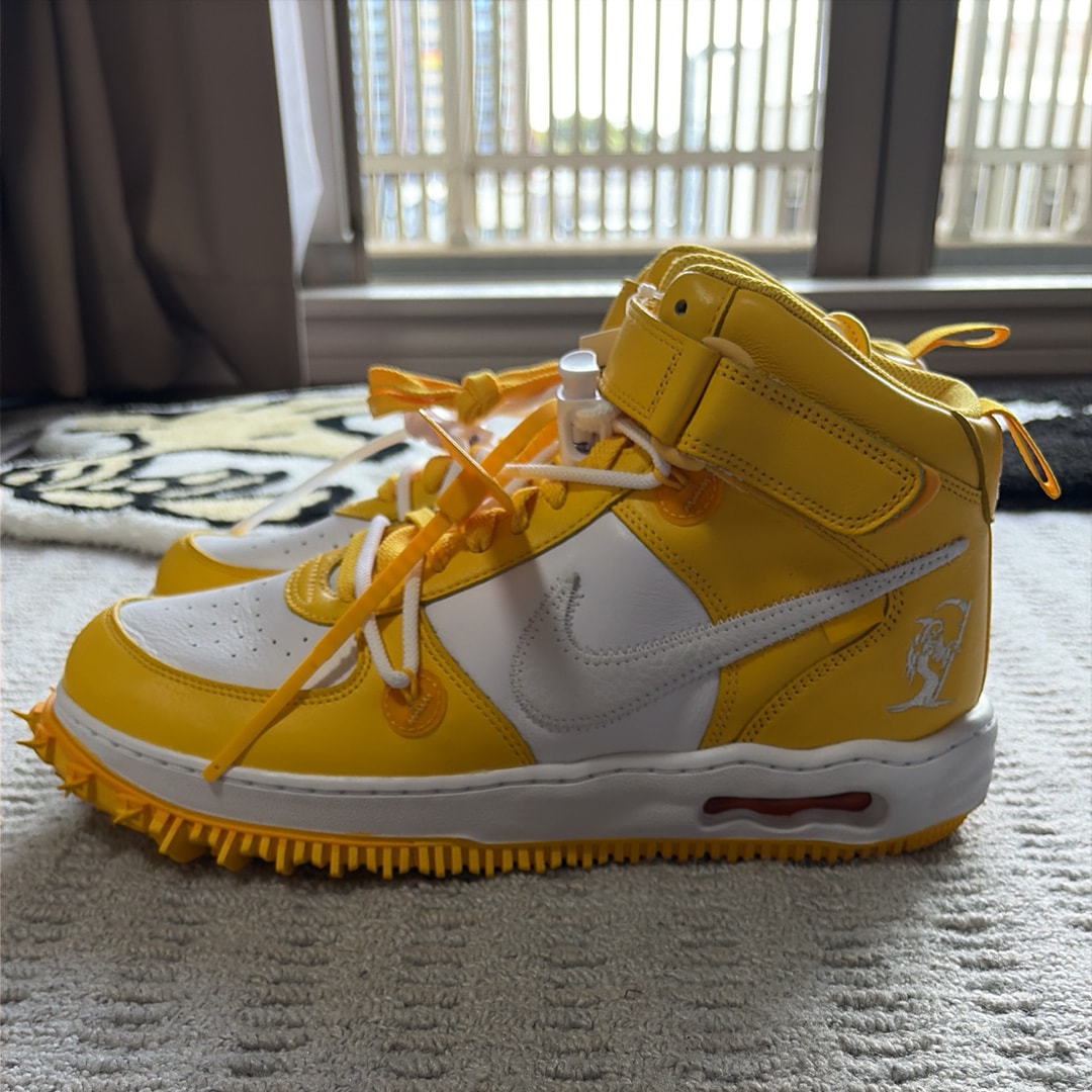 Off-White × Nike Air Force 1 Mid SP LTHR "White and Varsity Maize"