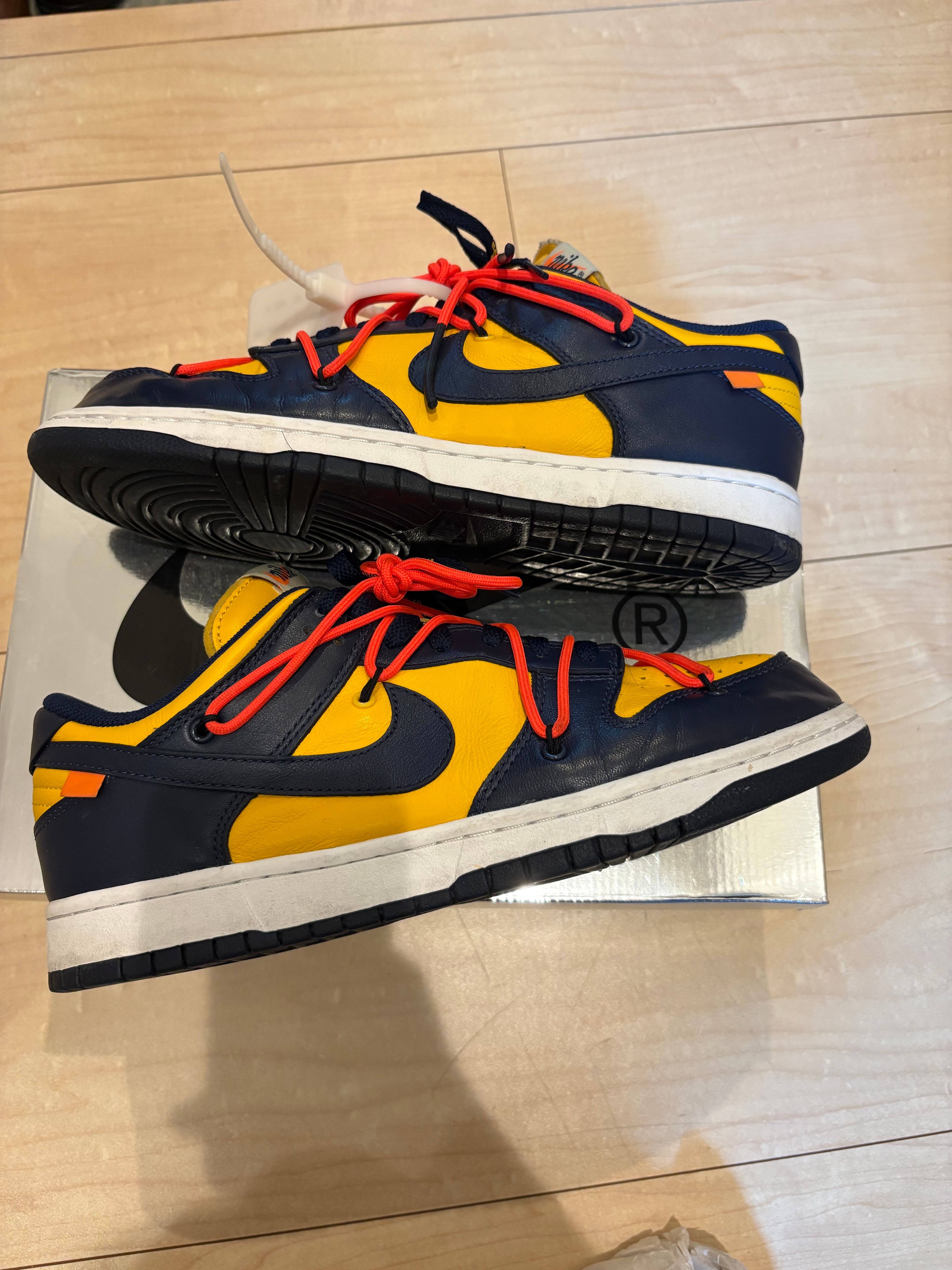 Off-White × Nike Dunk Low LTHR "University Gold/Midnight Navy/White"