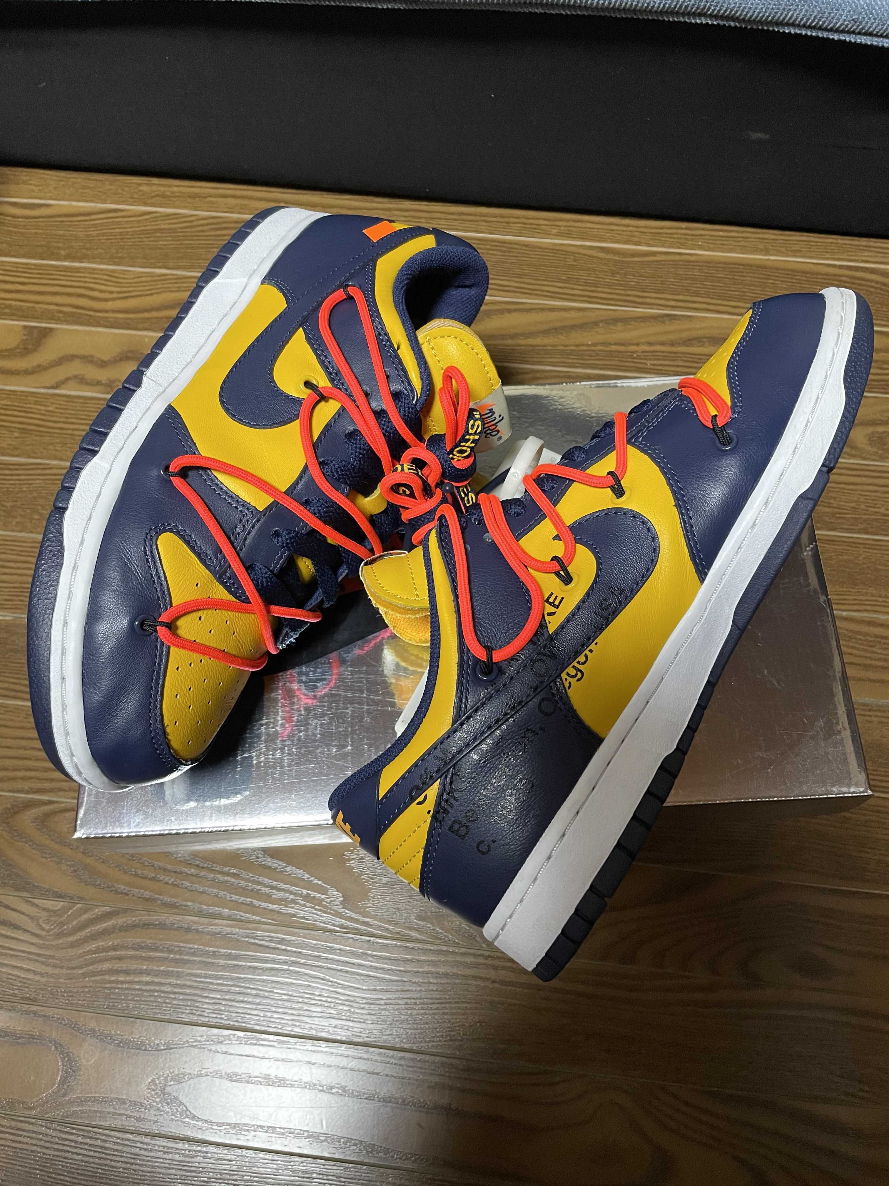 Off-White × Nike Dunk Low LTHR "University Gold/Midnight Navy/White"