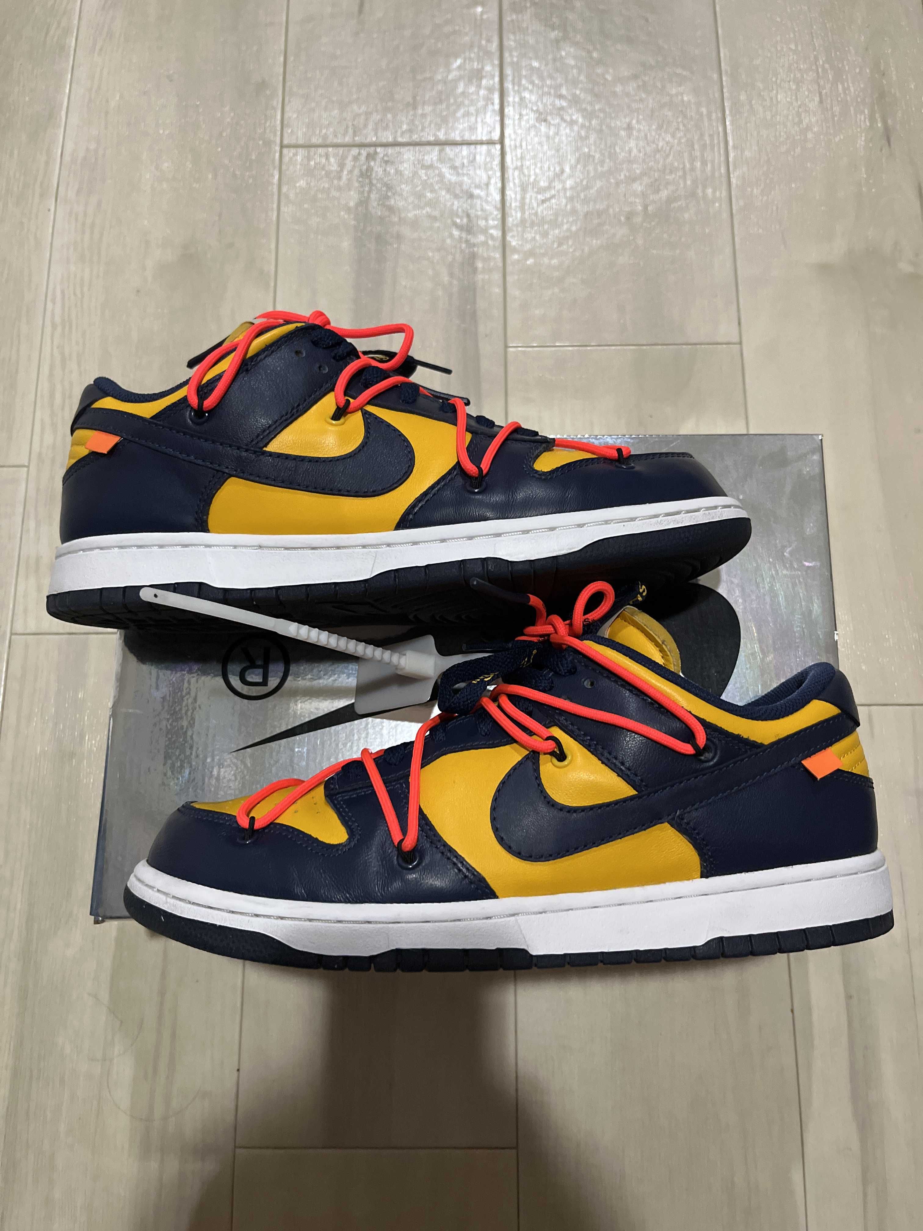 Off-White × Nike Dunk Low LTHR "University Gold/Midnight Navy/White"