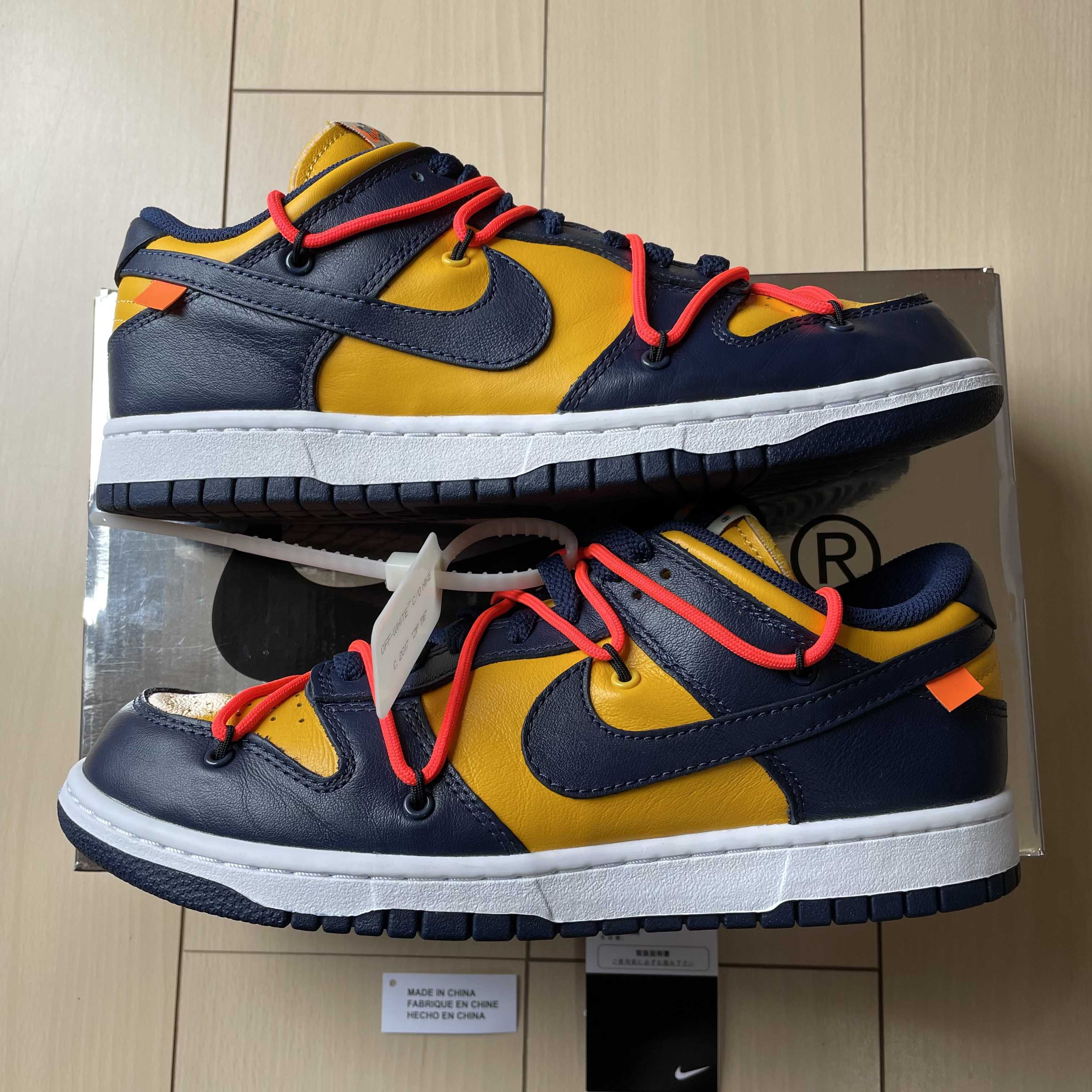 Off-White × Nike Dunk Low LTHR "University Gold/Midnight Navy/White"