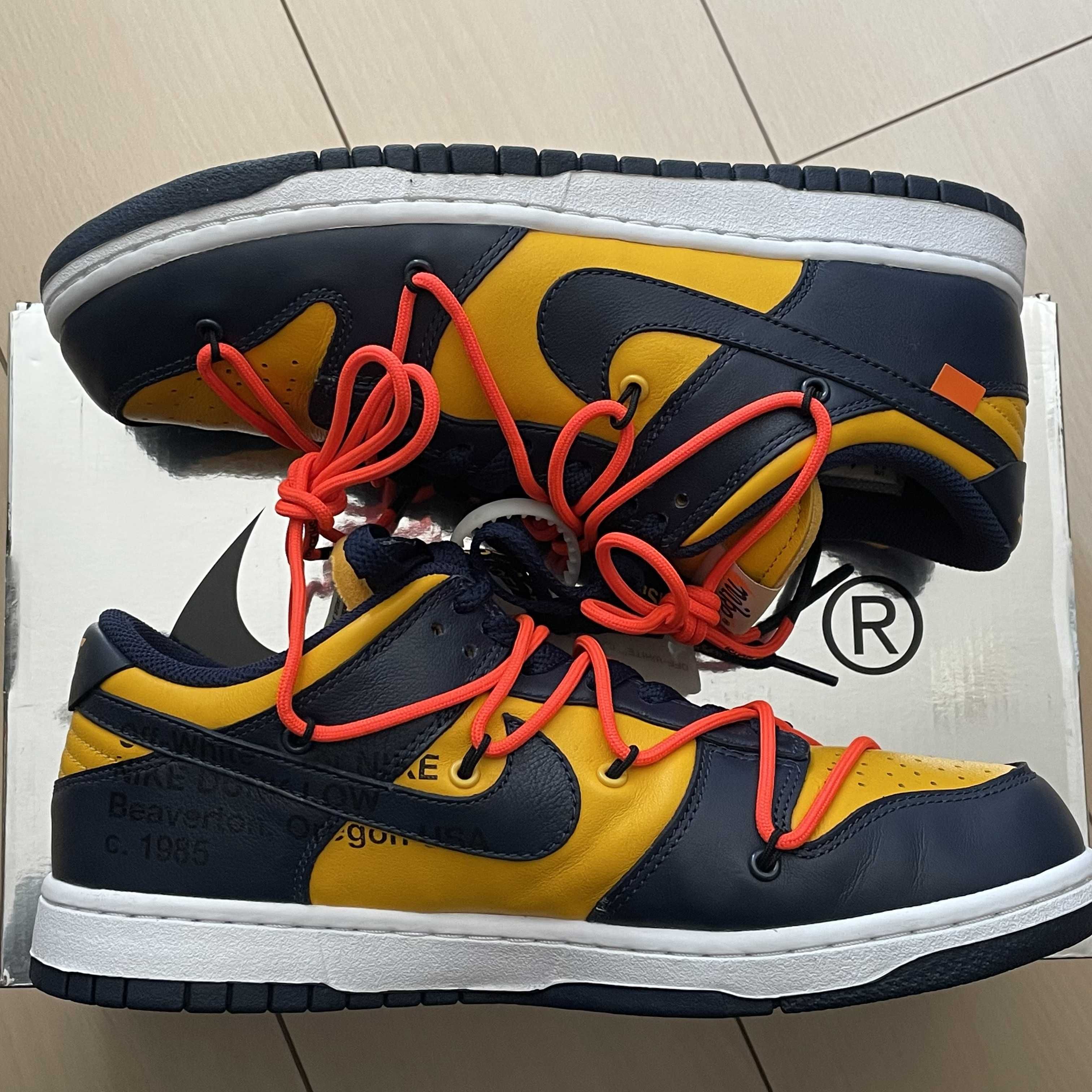 Off-White × Nike Dunk Low LTHR "University Gold/Midnight Navy/White"