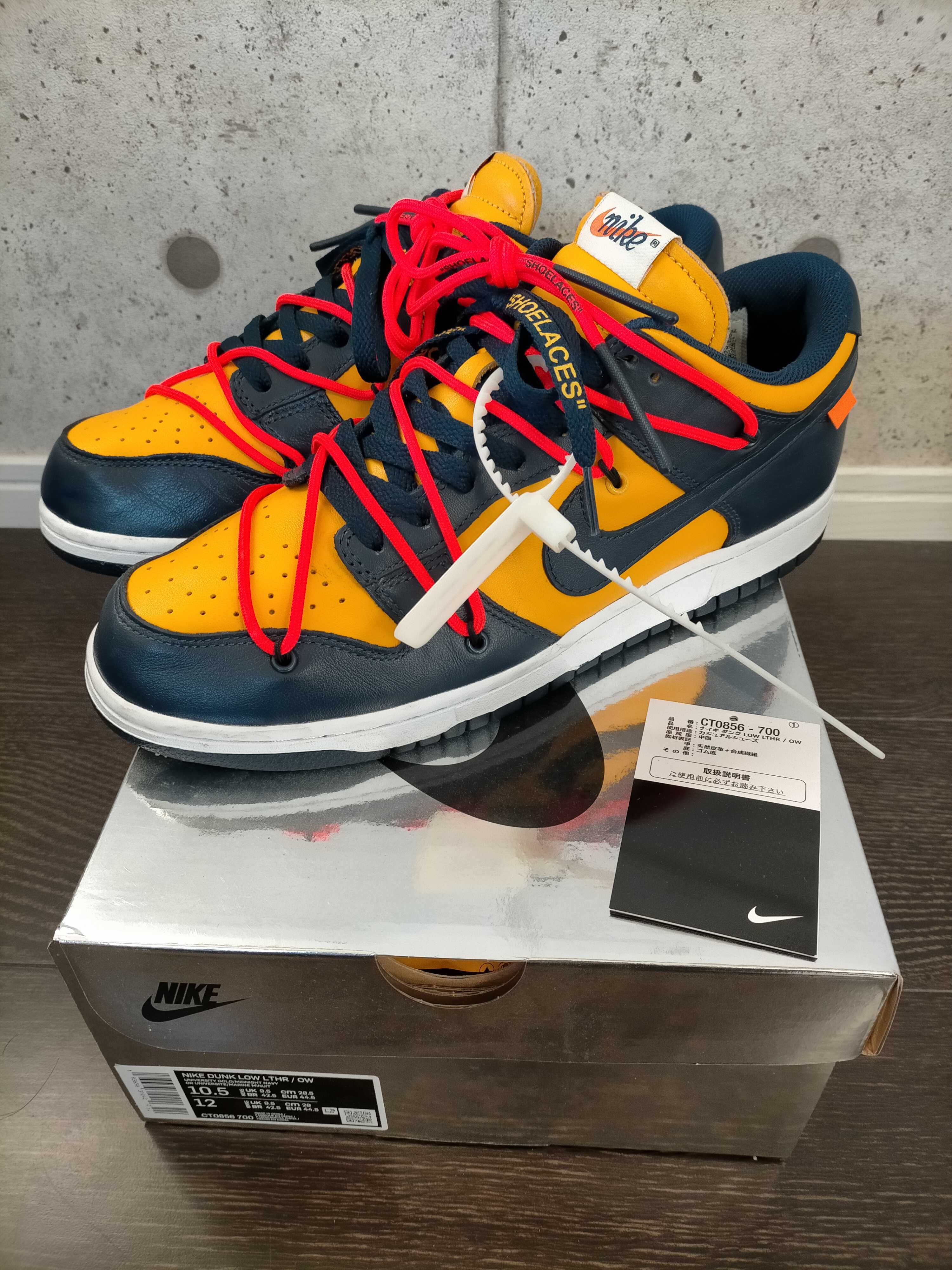 Off-White × Nike Dunk Low  LTHR "University Gold/Midnight Navy/White"