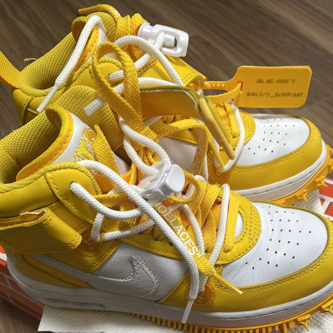 Off-White × Nike Air Force 1 Mid SP LTHR "White and Varsity Maize"