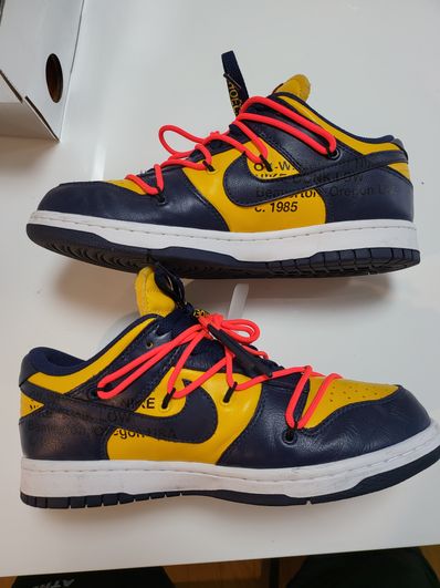 Off-White × Nike Dunk Low LTHR "University Gold/Midnight Navy/White"