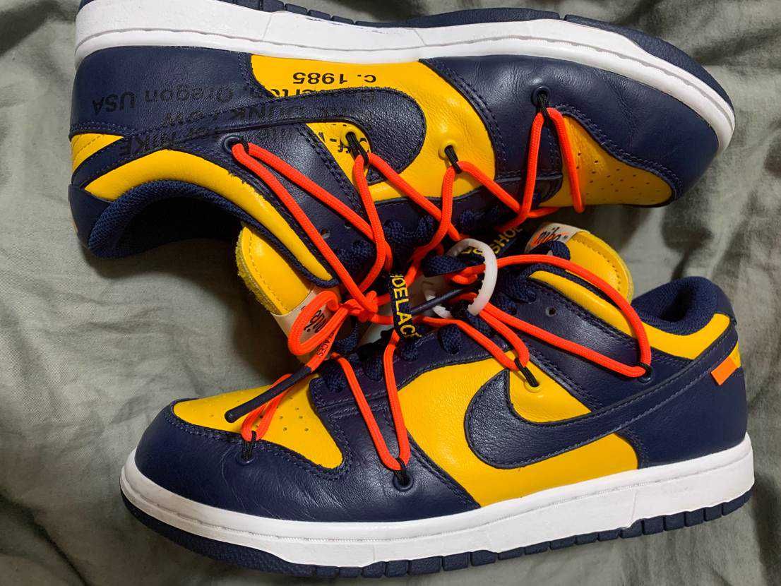Off-White × Nike Dunk Low LTHR "University Gold/Midnight Navy/White"