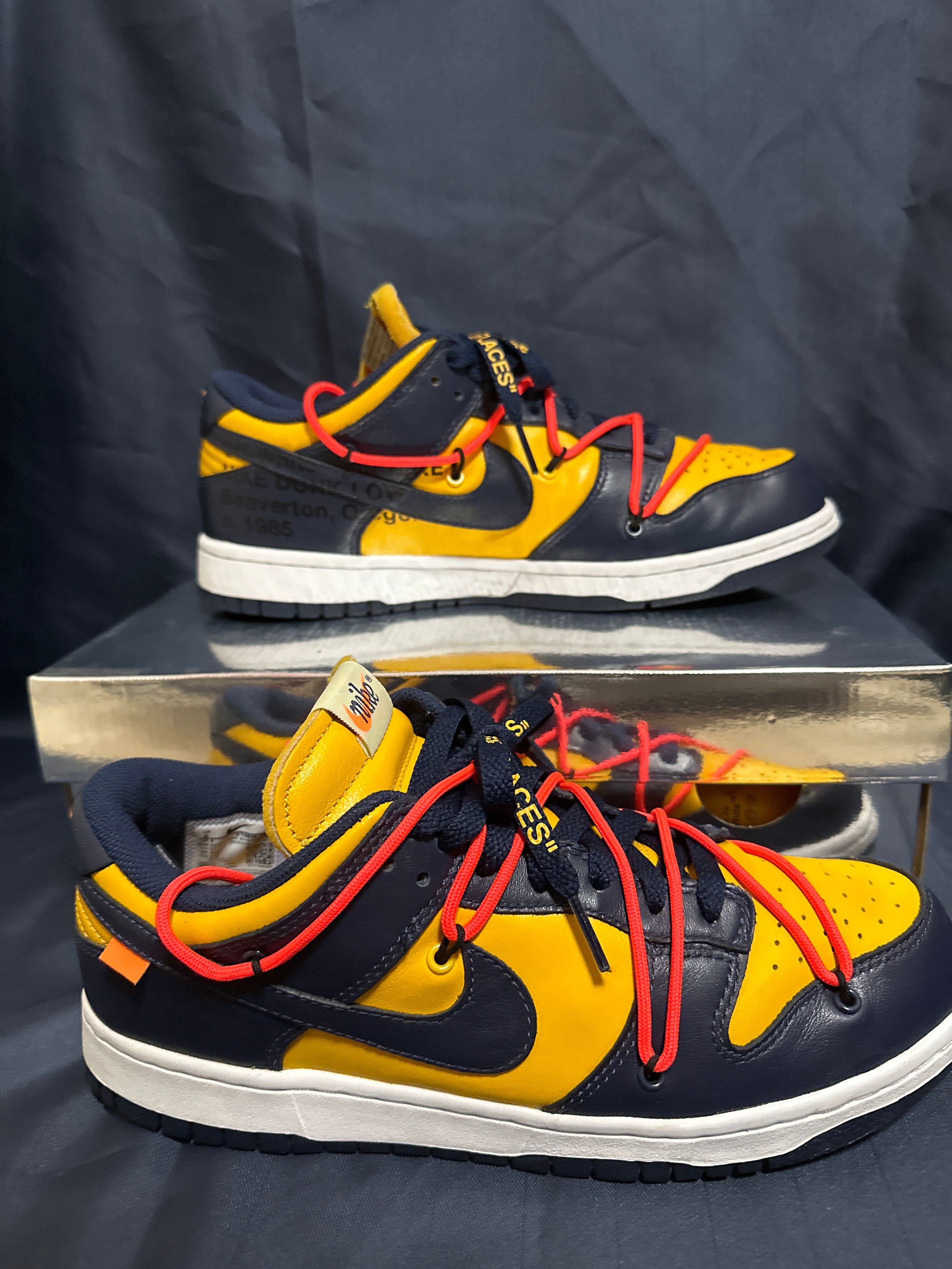 Off-White × Nike Dunk Low LTHR "University Gold/Midnight Navy/White"
