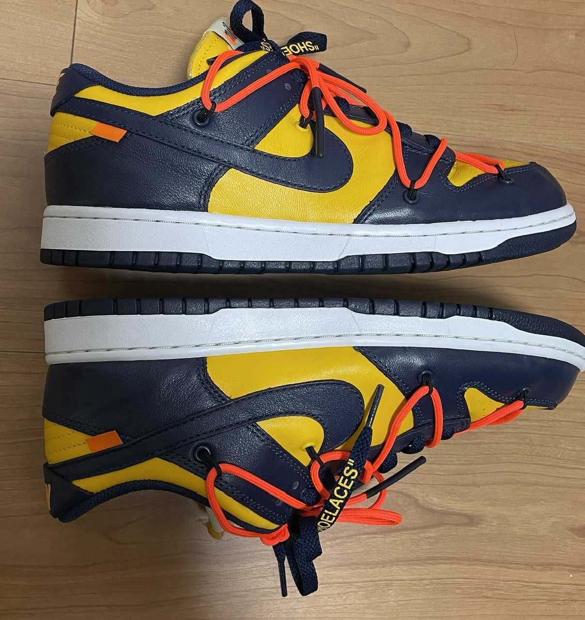 Off-White × Nike Dunk Low  LTHR "University Gold/Midnight Navy/White"
