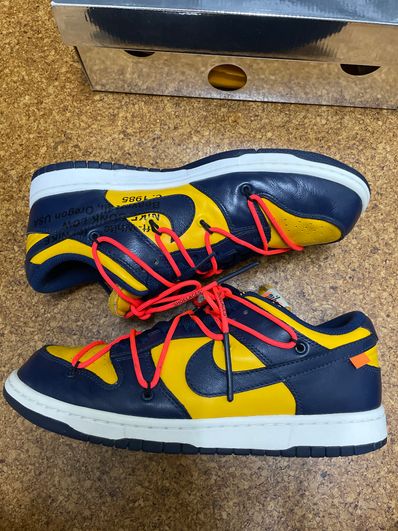 Off-White × Nike Dunk Low LTHR "University Gold/Midnight Navy/White"