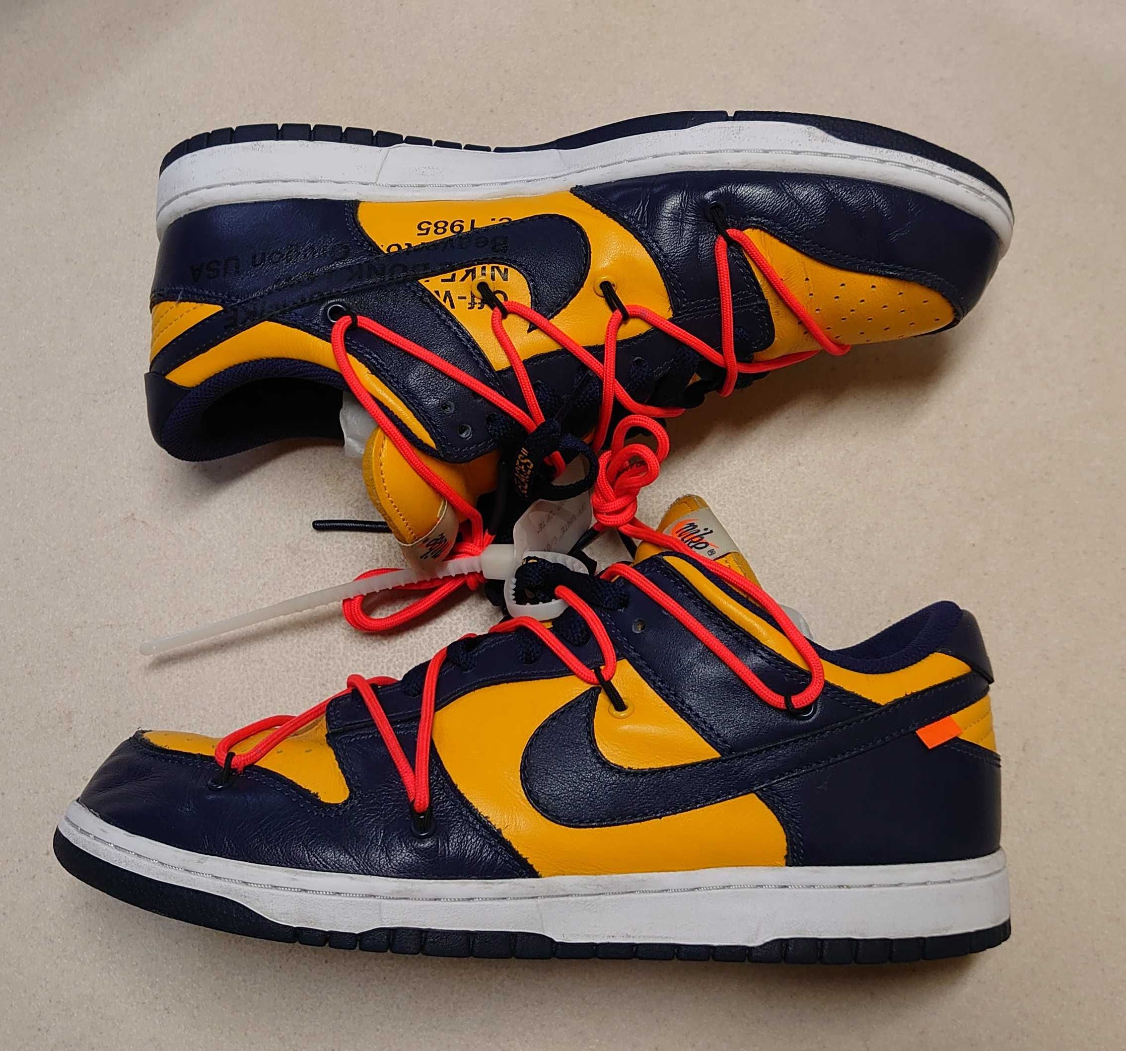 Off-White × Nike Dunk Low  LTHR "University Gold/Midnight Navy/White"