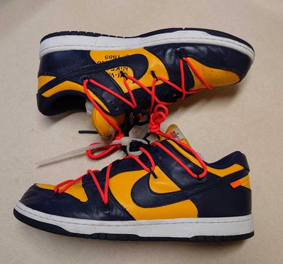 Off-White × Nike Dunk Low LTHR "University Gold/Midnight Navy/White"