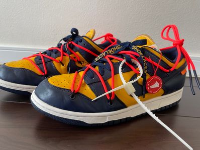 Off-White × Nike Dunk Low LTHR "University Gold/Midnight Navy/White"