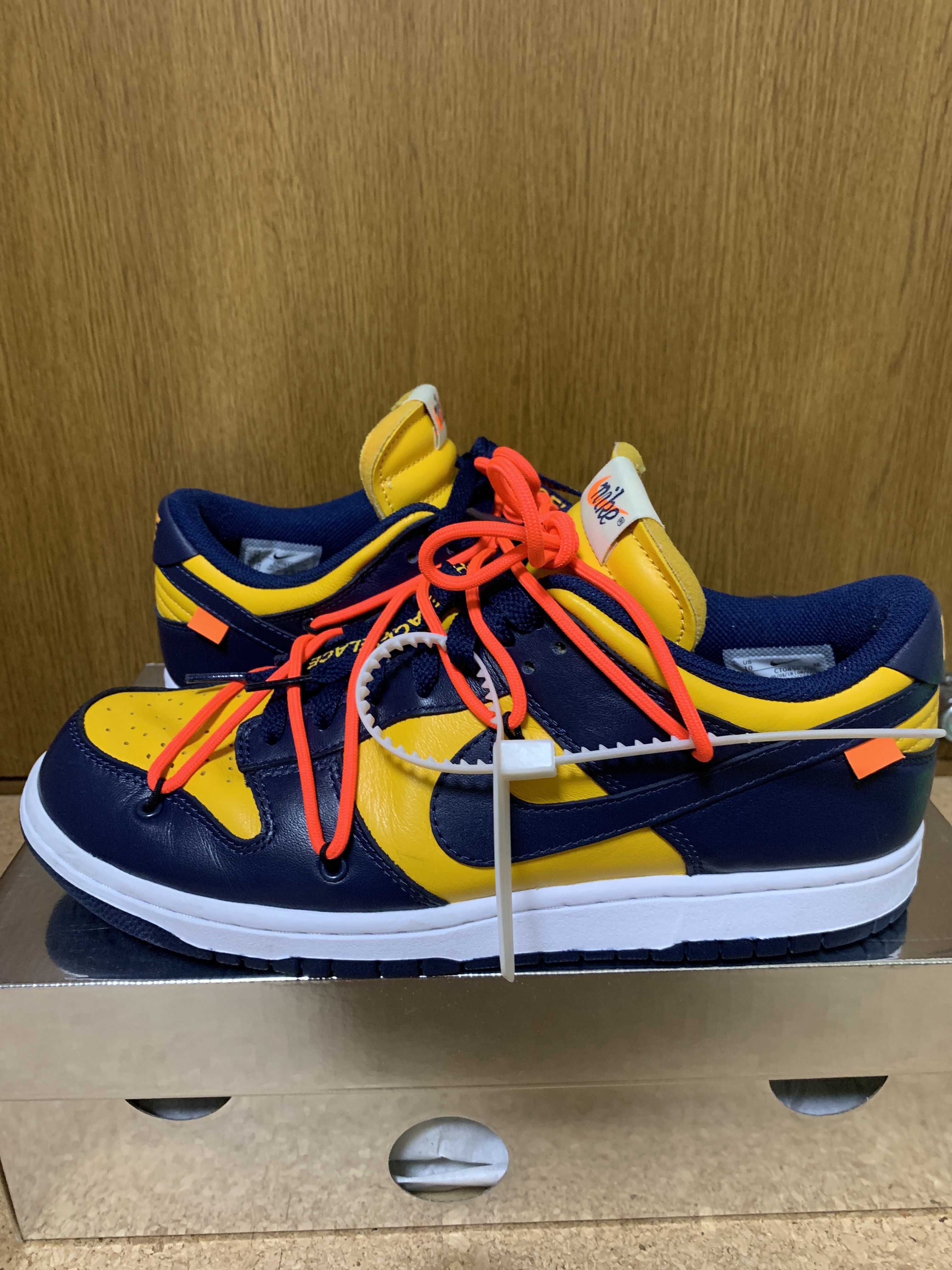 Off-White × Nike Dunk Low LTHR "University Gold/Midnight Navy/White"