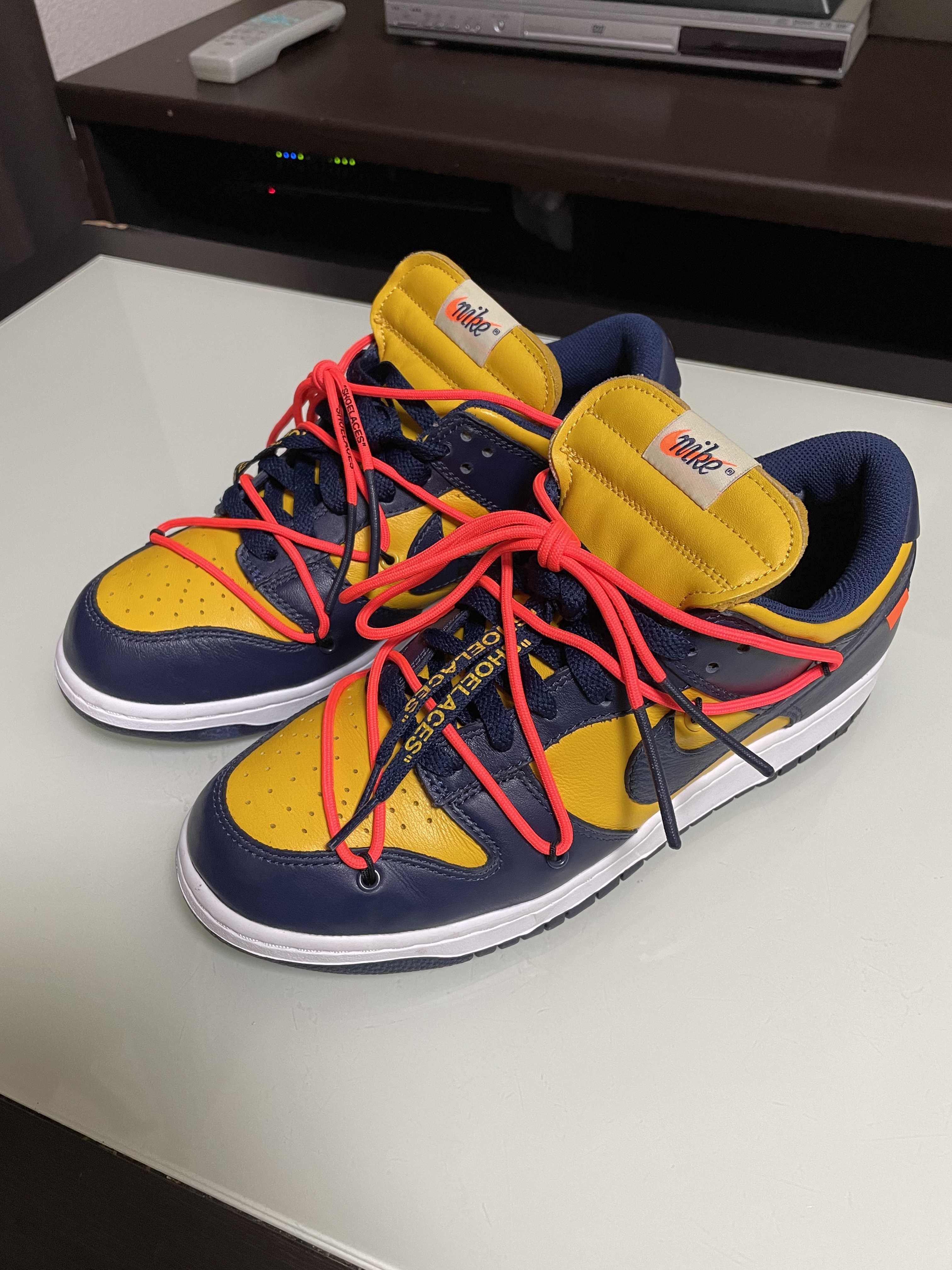 Off-White × Nike Dunk Low LTHR "University Gold/Midnight Navy/White"