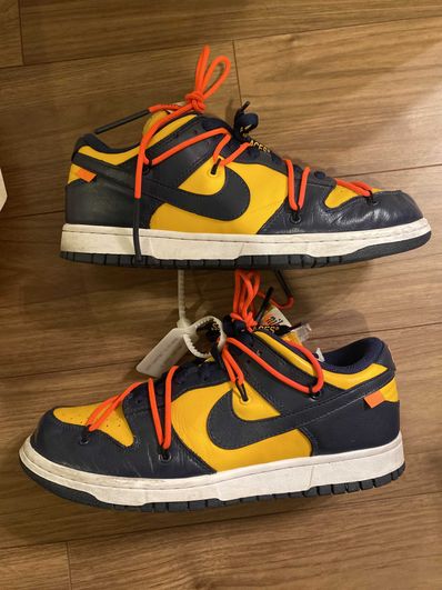 Off-White × Nike Dunk Low LTHR "University Gold/Midnight Navy/White"
