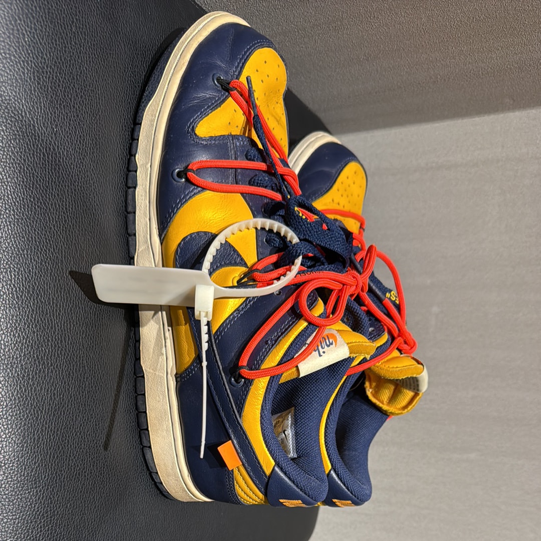 Off-White × Nike Dunk Low LTHR "University Gold/Midnight Navy/White"