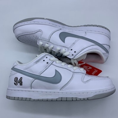 Supreme × Nike SB Dunk Low "White/Metallic Silver" (25FW Week2)