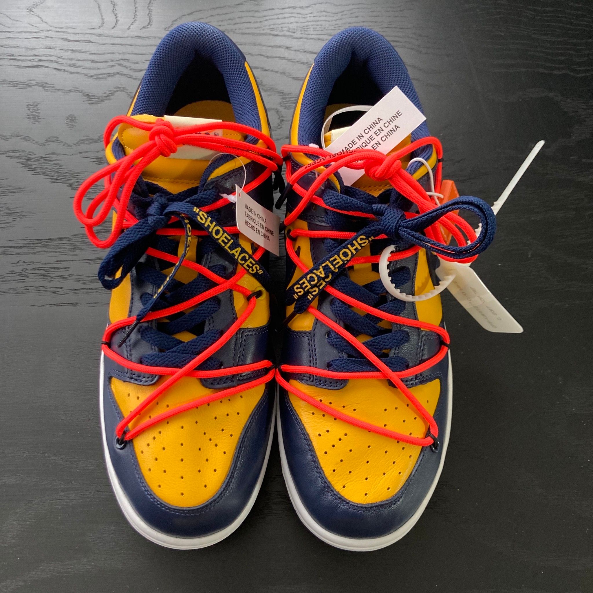 Off-White × Nike Dunk Low  LTHR "University Gold/Midnight Navy/White"