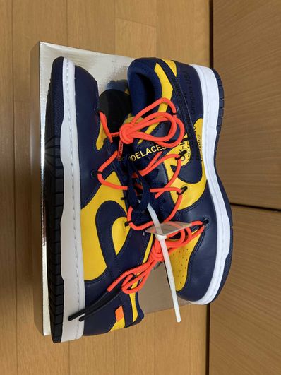 Off-White × Nike Dunk Low LTHR "University Gold/Midnight Navy/White"
