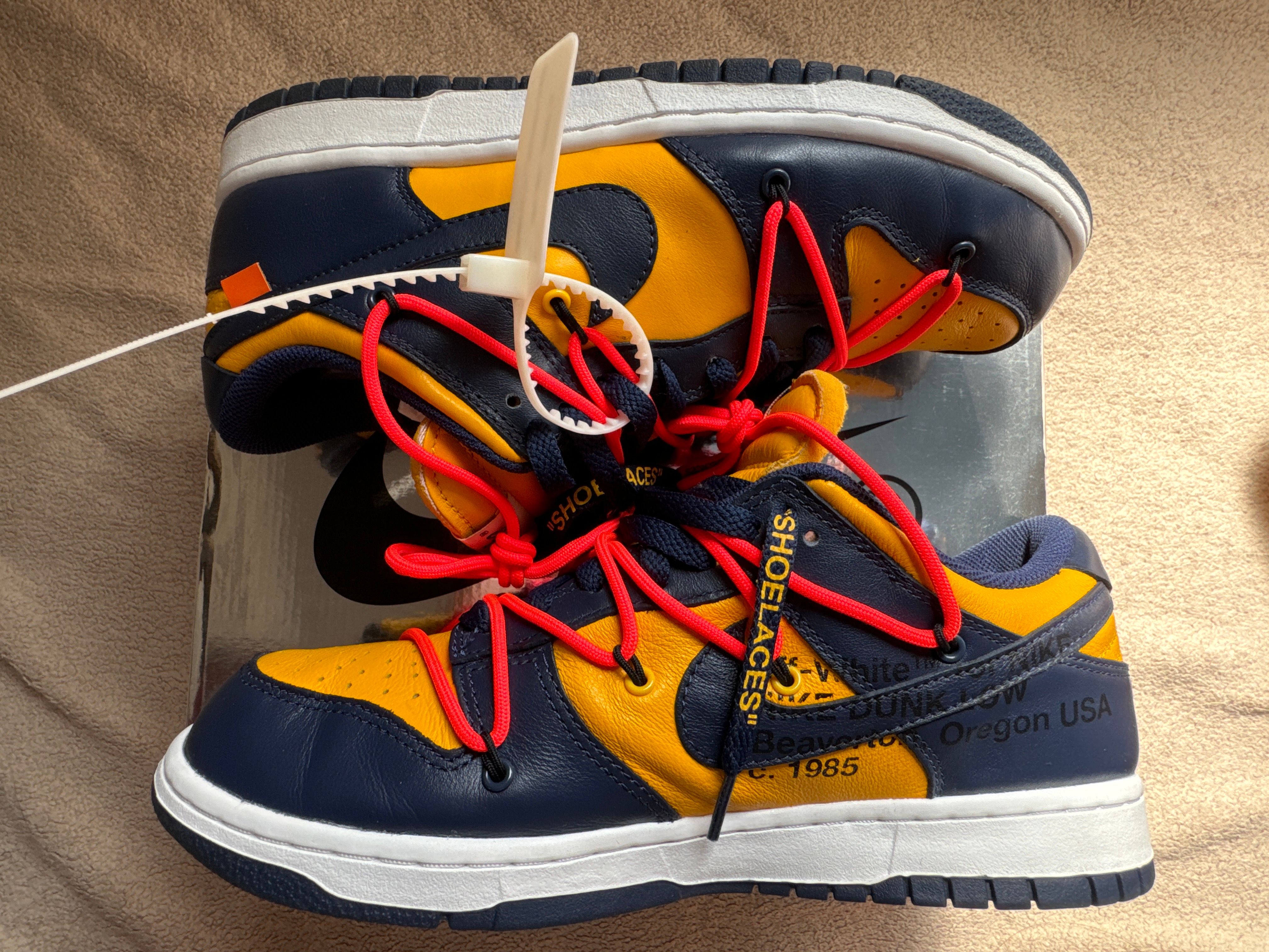 Off-White × Nike Dunk Low  LTHR "University Gold/Midnight Navy/White"
