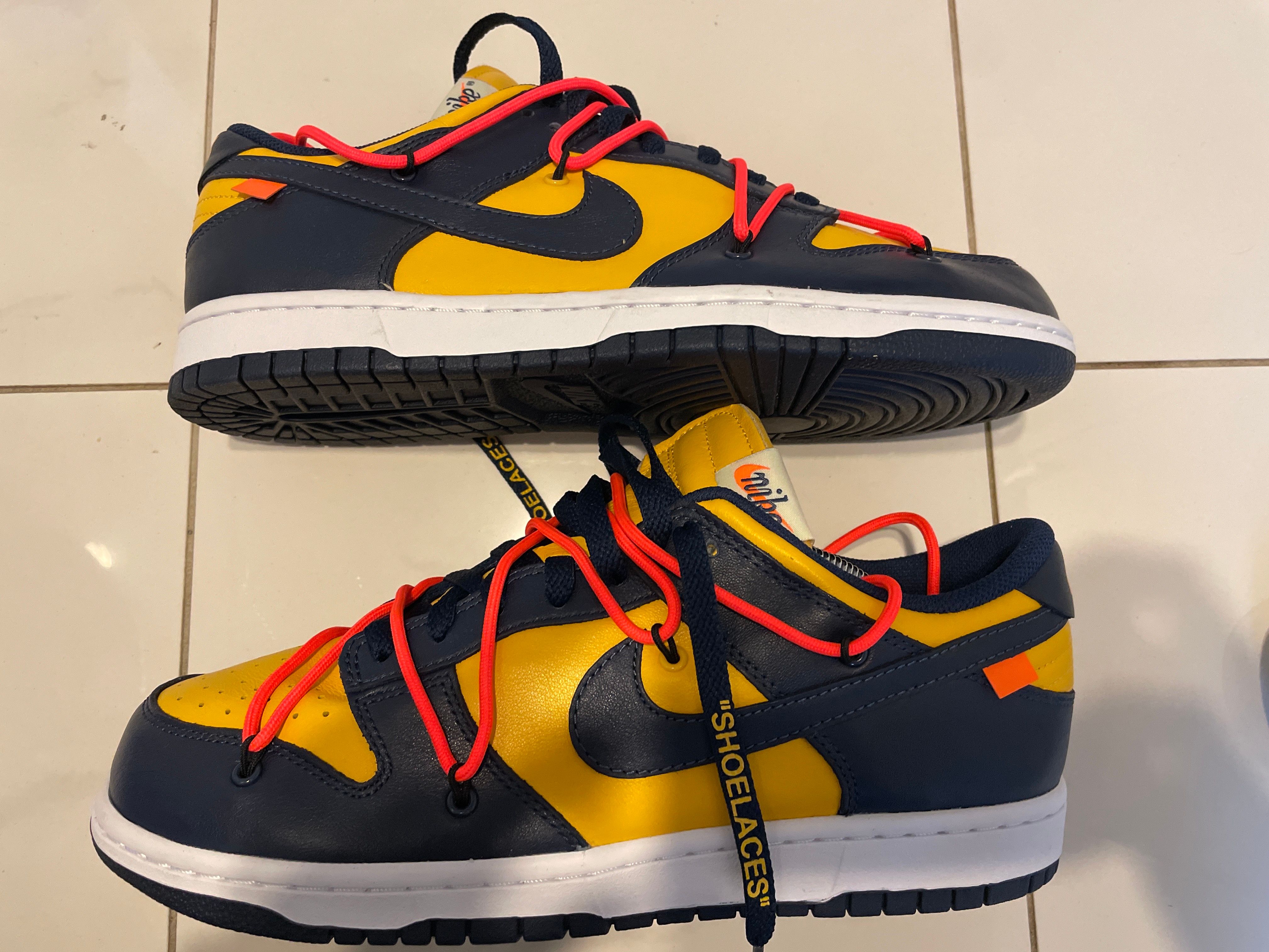 Off-White × Nike Dunk Low LTHR "University Gold/Midnight Navy/White"