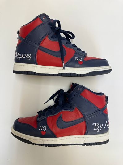 Supreme × Nike SB Dunk High By Any Means "Red/Navy-White"