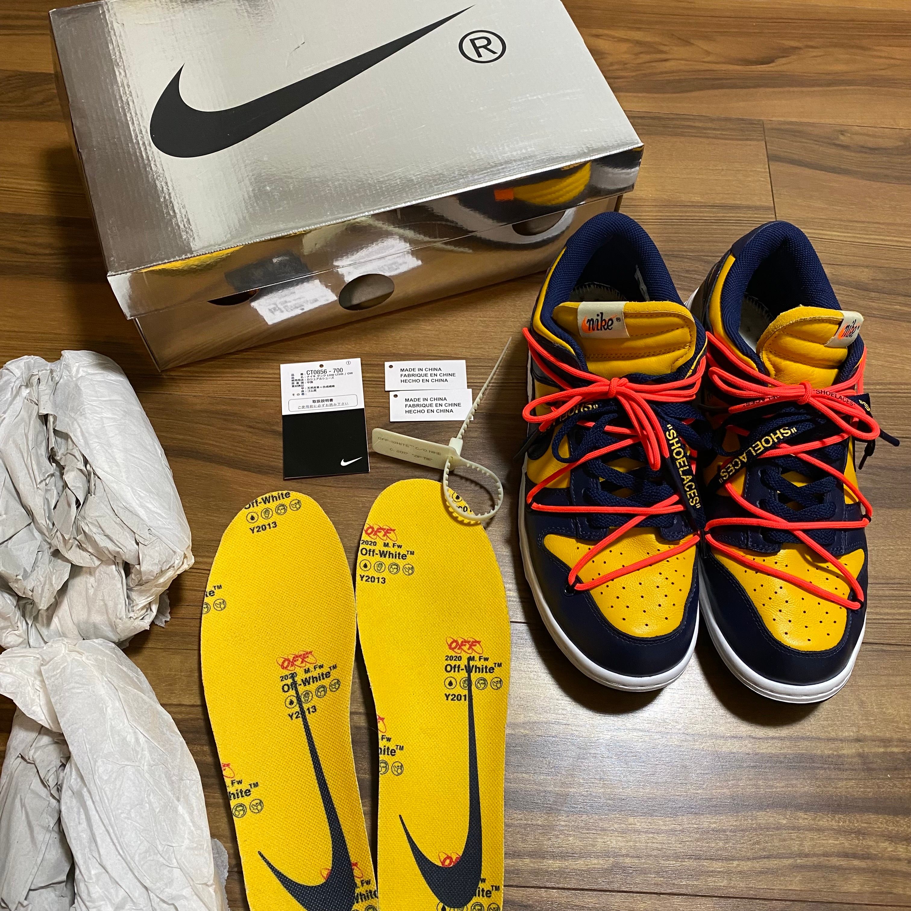 Off-White × Nike Dunk Low  LTHR "University Gold/Midnight Navy/White"