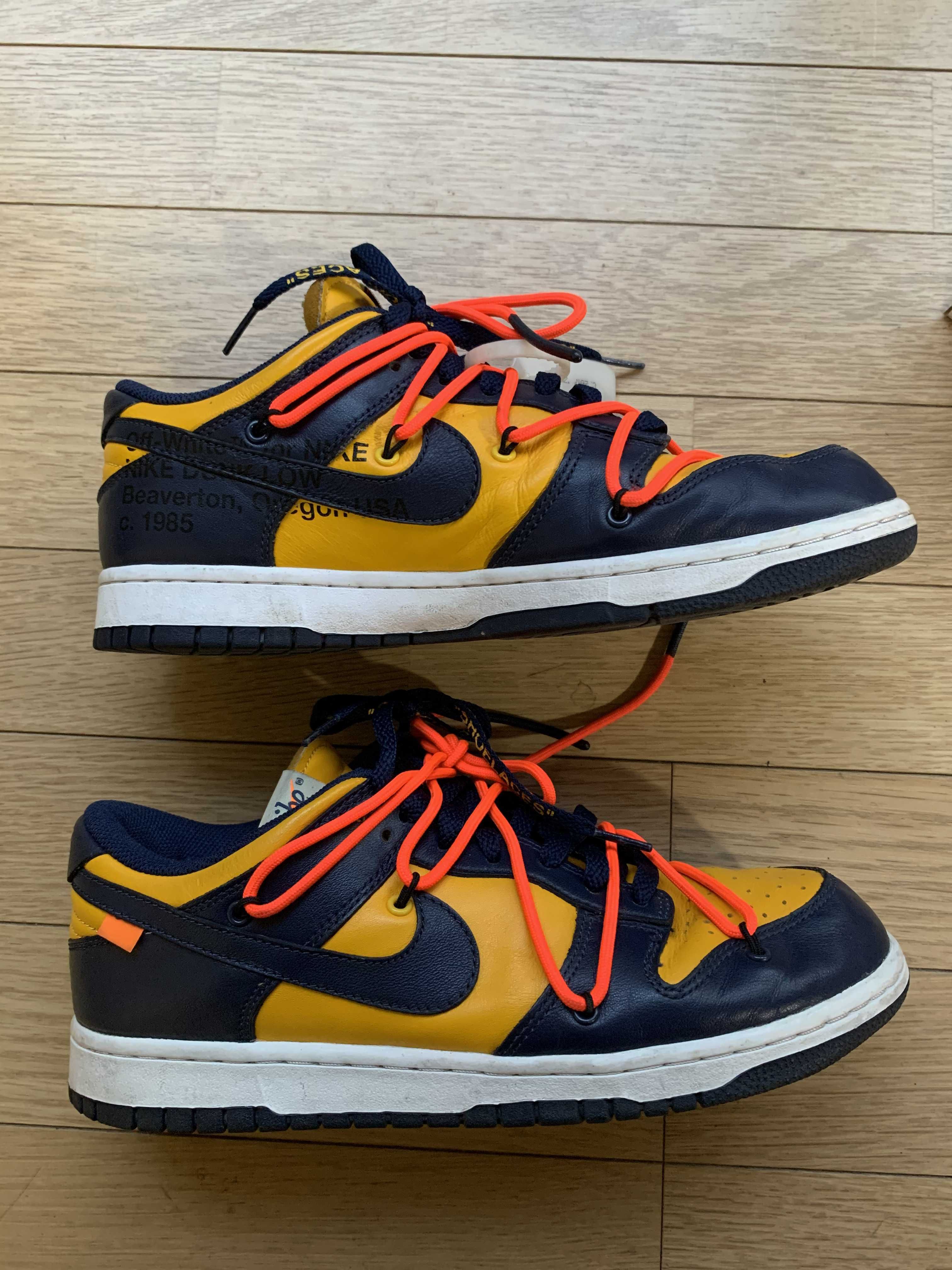 Off-White × Nike Dunk Low LTHR "University Gold/Midnight Navy/White"