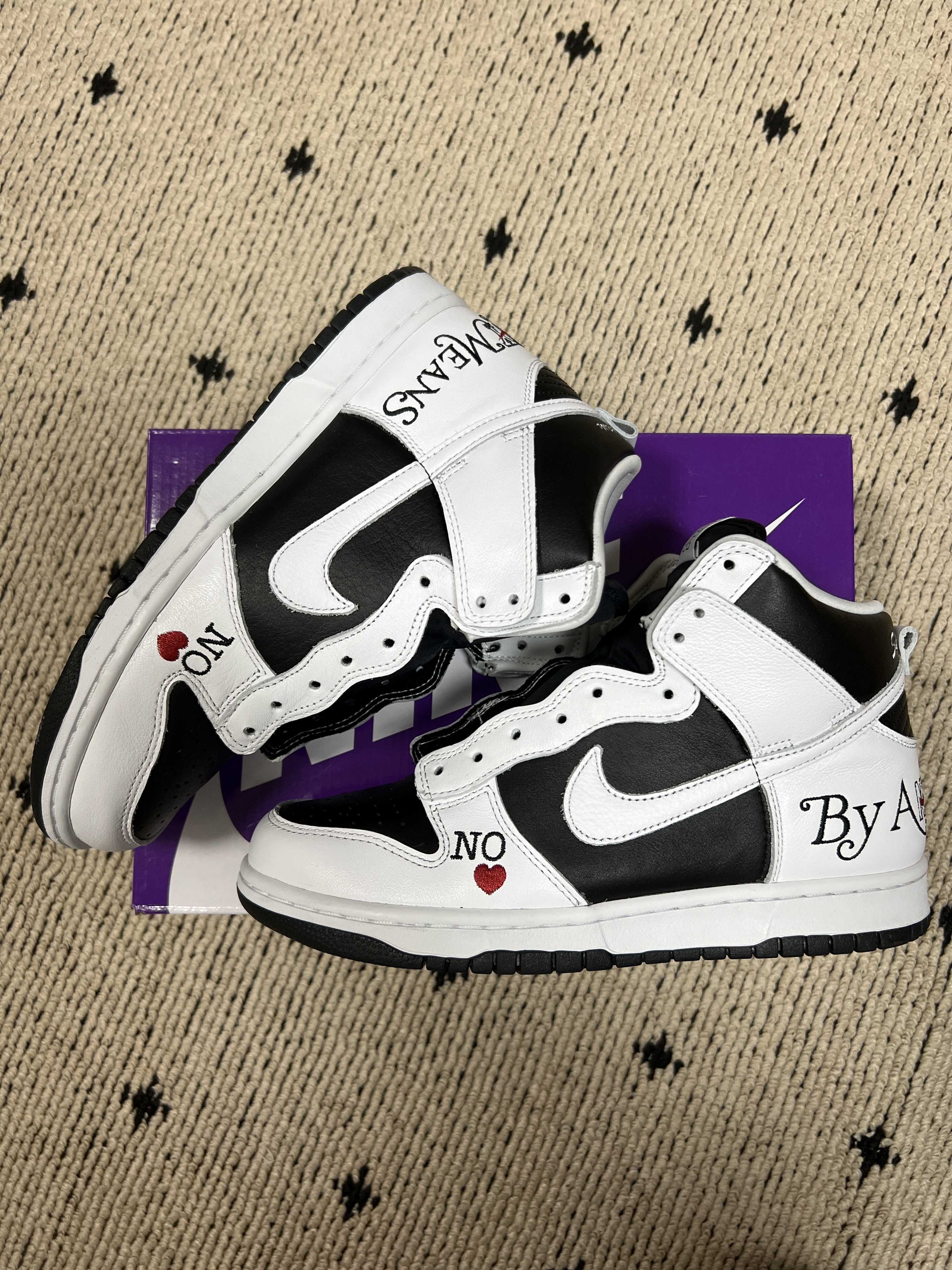 Supreme × Nike SB Dunk High By Any Means "White Black"