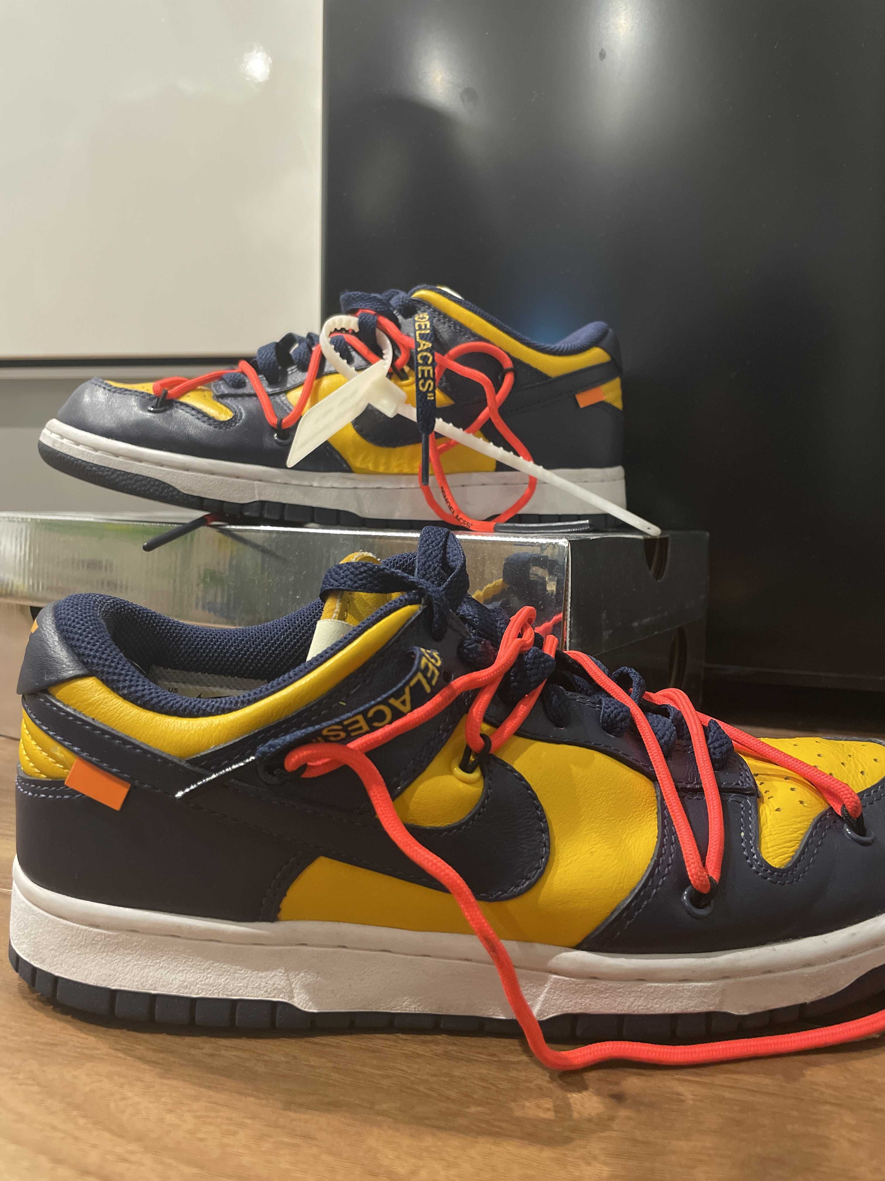 Off-White × Nike Dunk Low LTHR "University Gold/Midnight Navy/White"