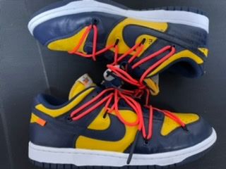 Off-White × Nike Dunk Low LTHR "University Gold/Midnight Navy/White"