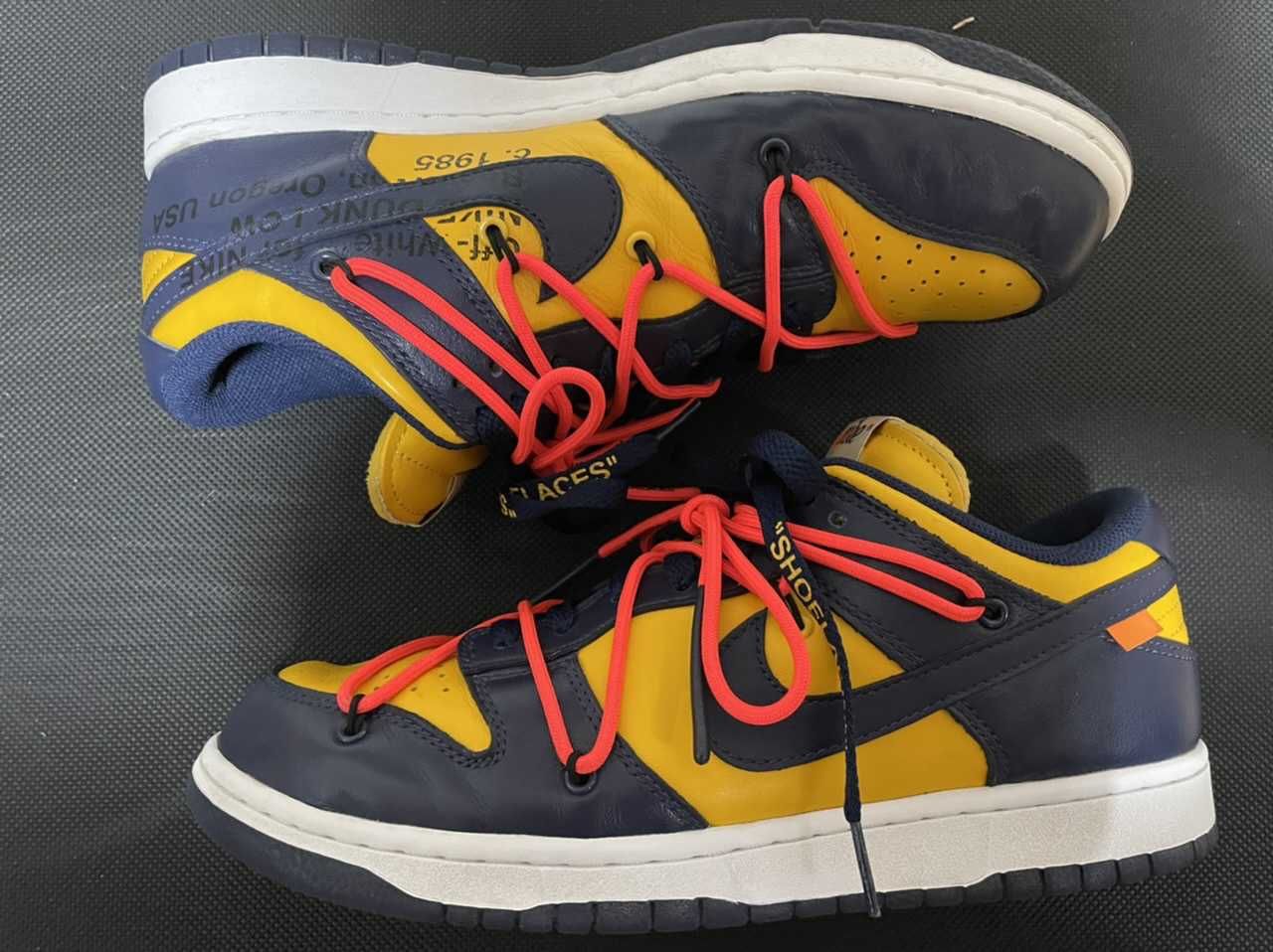 Off-White × Nike Dunk Low LTHR "University Gold/Midnight Navy/White"