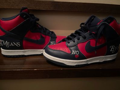 Supreme × Nike SB Dunk High By Any Means "Red/Navy-White"