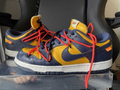 Off-White × Nike Dunk Low LTHR "University Gold/Midnight Navy/White"