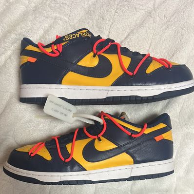 Off-White × Nike Dunk Low LTHR "University Gold/Midnight Navy/White"