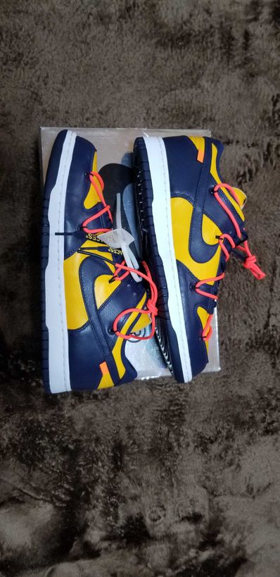 Off-White × Nike Dunk Low LTHR "University Gold/Midnight Navy/White"