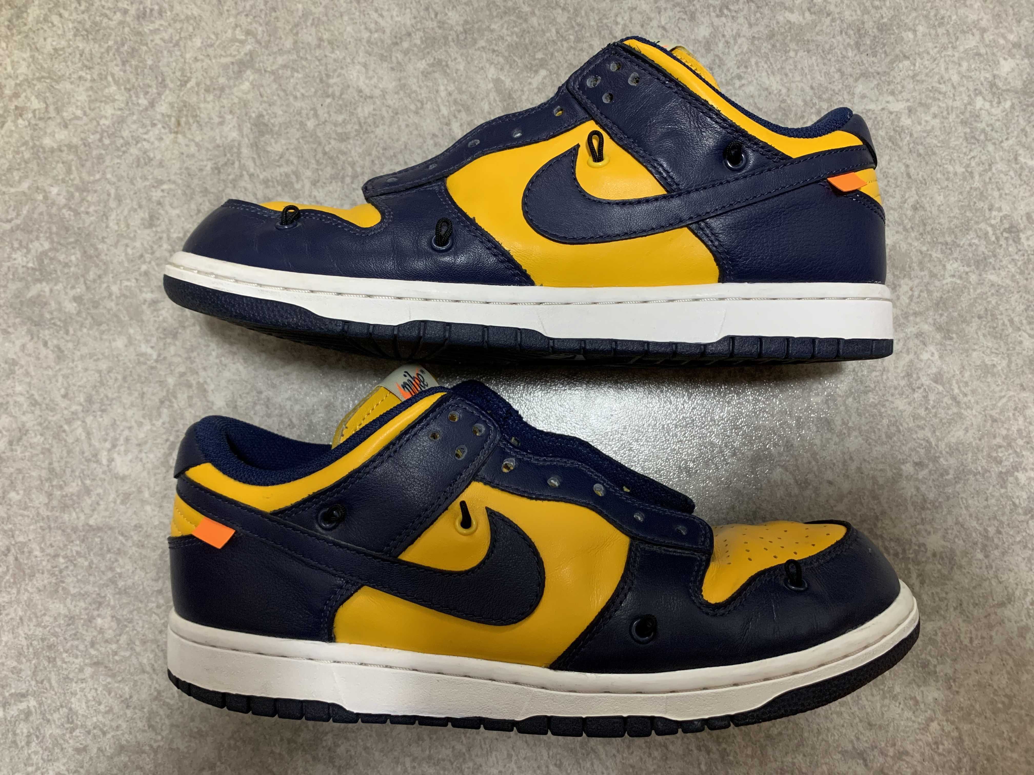 Off-White × Nike Dunk Low  LTHR "University Gold/Midnight Navy/White"