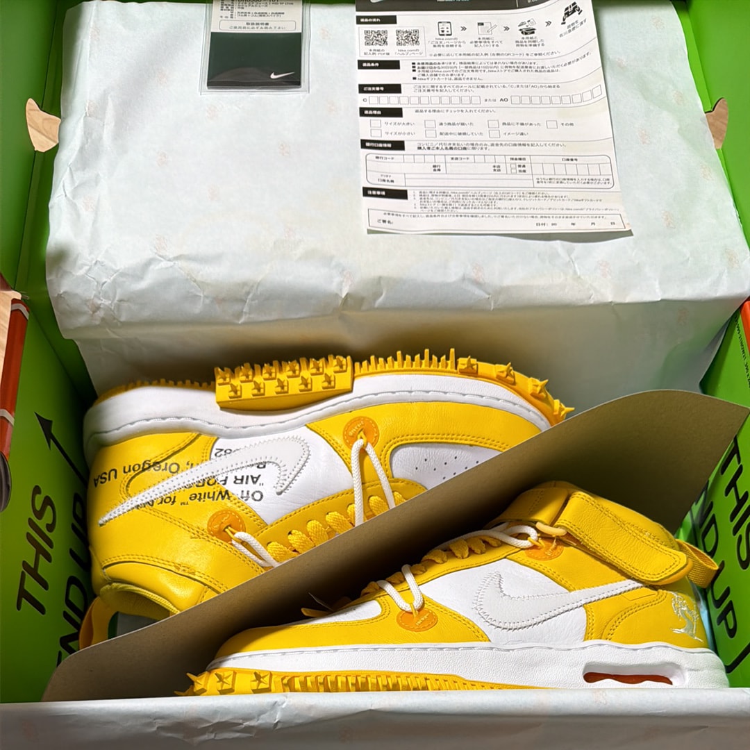 Off-White × Nike Air Force 1 Mid SP LTHR "White and Varsity Maize"