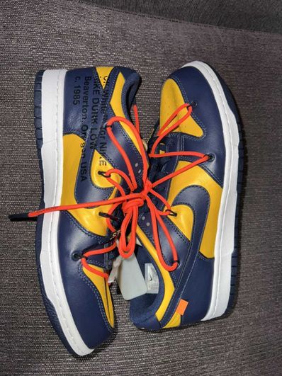 Off-White × Nike Dunk Low LTHR "University Gold/Midnight Navy/White"